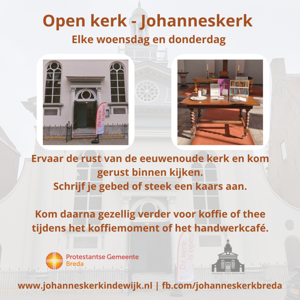 Elke woensdag en donderdag is de kerk open voor bezichtiging, stilte en gebed. Van harte welkom